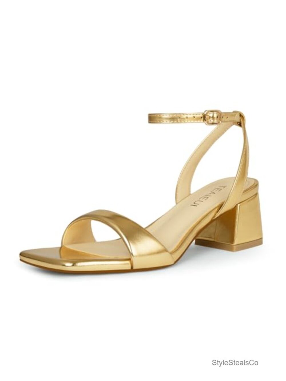 Faux Leather Block Heel Square Toe Ankle Strap Sandals